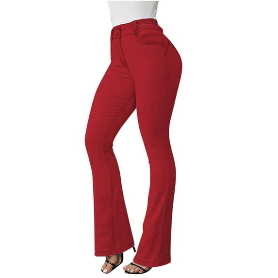 VSSSJ Flare Jeans for Women Fashion Casual Pocket Button High Waisted Curvy Jeans Butt Lifting Bell Skinny Stretchy Bottom Denim Pants Red XL