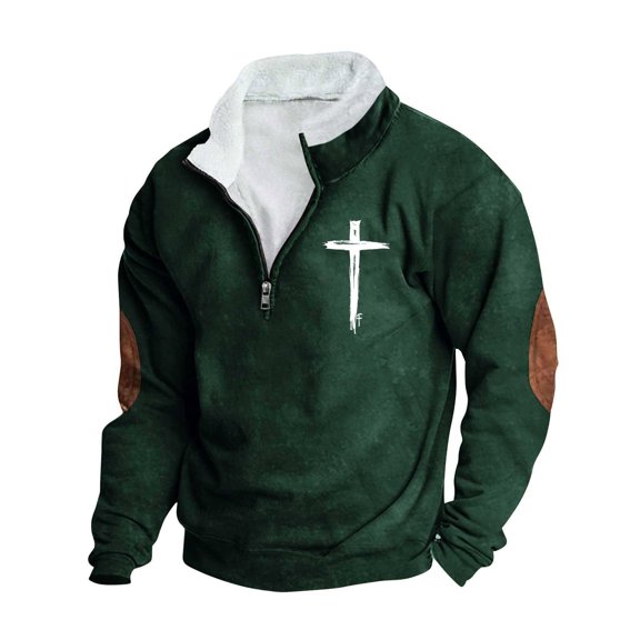 VSSSJ Graphic Sweatshirt for Men Quarter Zipper Cross Printed Pullover Long Sleeve Fleece Lined Fall Winter Casual Sweater Outerwear Green L