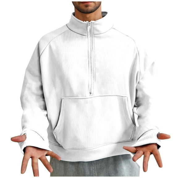VSSSJ Half Zip Sweatshirts for Men Relaxed Fit Stand Collar Raglan Long Sleeve Pullover Fleece Lined Casual Solid Simple Fashion Sweatshirt Tops White M