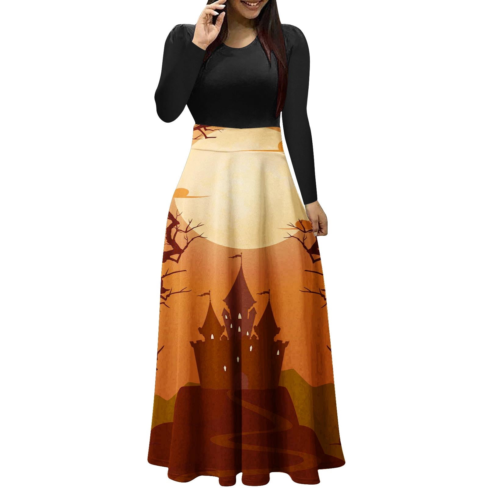 VSSSJ Halloween Dresses for Women Long Sleeve Casual Patchwork High