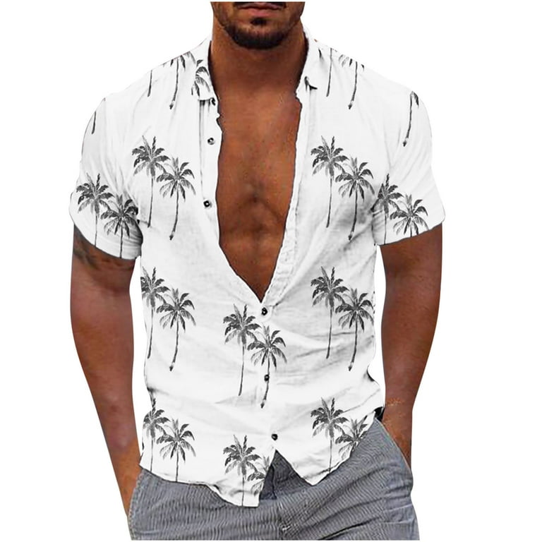 VSSSJ Hawaiian Printed Shirt for Men Tropical Palm Tree Graphic Tee Button  Down Short Sleeve Lapel Shirts Casual Summer Beach Loose Fit White S