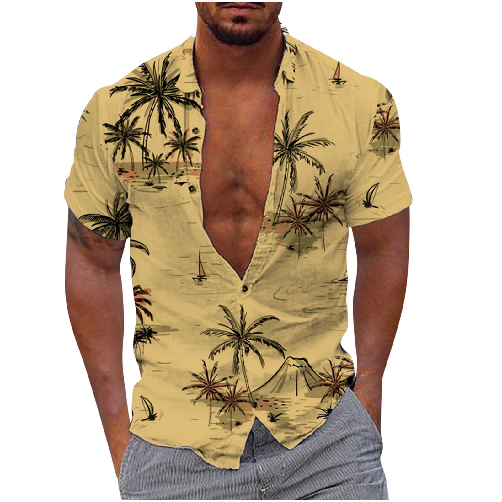 VSSSJ Hawaiian Printed Shirt for Men Tropical Palm Tree Graphic Tee Button  Down Short Sleeve Lapel Shirts Casual Summer Beach Loose Fit Pink02 XL