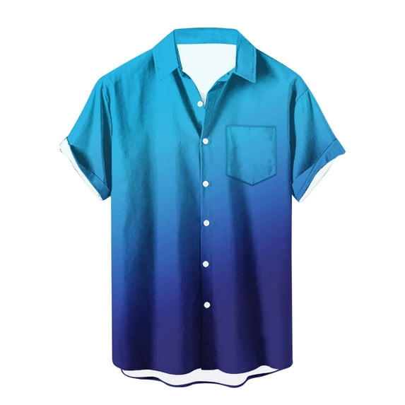 VSSSJ Hawaiian Shirts for Men Big and Tall Gradient Color Short Sleeve Button Down Collared Cardigan Tops Casual Holiday Comfy Tee Shirt with Pocket Blue L