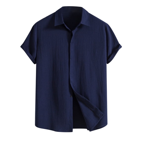 VSSSJ Hawaiian Shirts for Men Plus Size Solid Color Button Down Short Sleeve Lapel Tshirts Comfy Cotton Holiday Beach Summer Tee Tops Dark Blue M