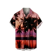 VSSSJ Hawaiian Shirts for Men Relaxed Fit Tropical Palm Tree Sunset Print Short Sleeve Button Down Tees Summer Vacation Casual Tops Red L