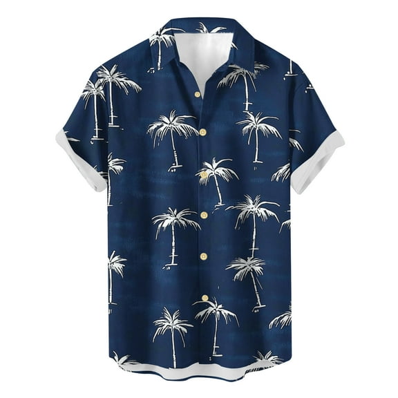 VSSSJ Hawaiian Shirts for Men Summer Casual Coconut Tree Print Button Down Shirts Short Sleeve Tropical Beach Vacation Shirts Navy M