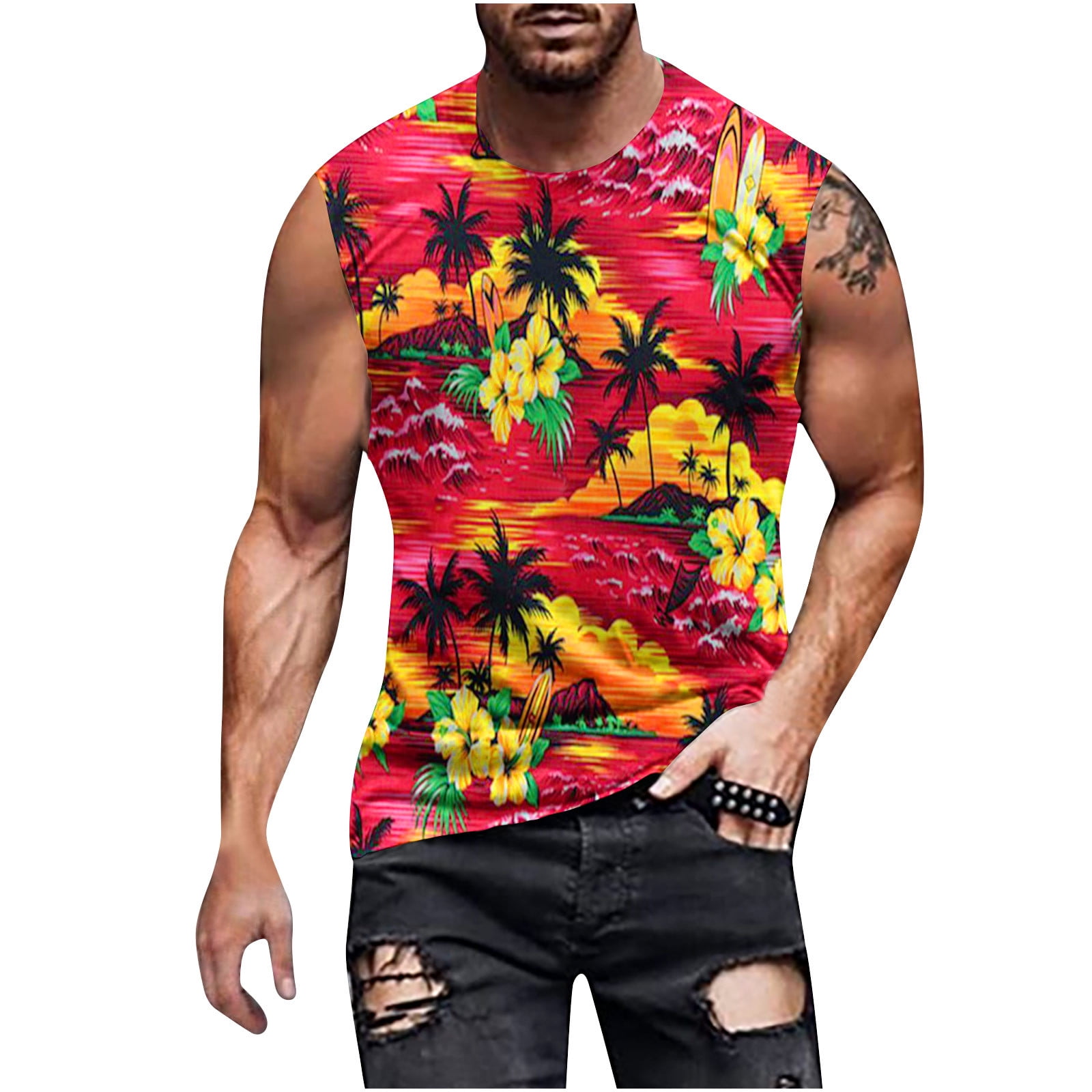 VSSSJ Hawaiian Tank Tops for Men Quick Dry Holiday Beach Sleeveless