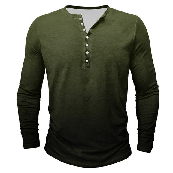 VSSSJ Henley Shirts for Men Big and Tall Dressy Gradient Printed Round Neck Long Sleeves Casual Button Up Comfy Pullover T-Shirts Army Green L