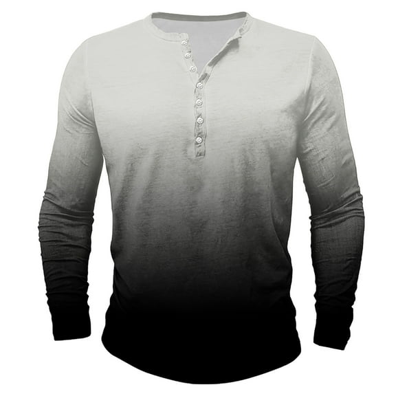 VSSSJ Henley Shirts for Men Big and Tall Dressy Gradient Printed Round Neck Long Sleeves Casual Button Up Comfy Pullover T-Shirts Gray XXXXXL