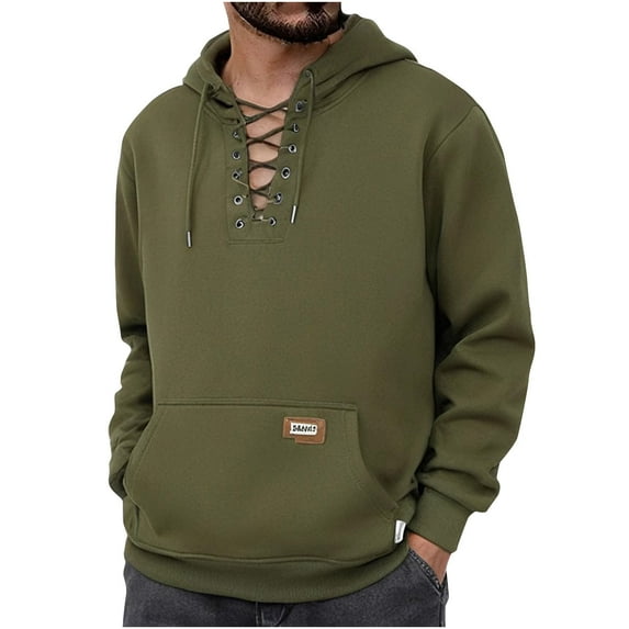 VSSSJ Hoodies for Men Lace Up V Neck Thick Henley Sweatshirt Long Sleeve Loose Solid Vintage Drawstring Hooded Pullover Hoodie with Pocket Dark Green XXXL