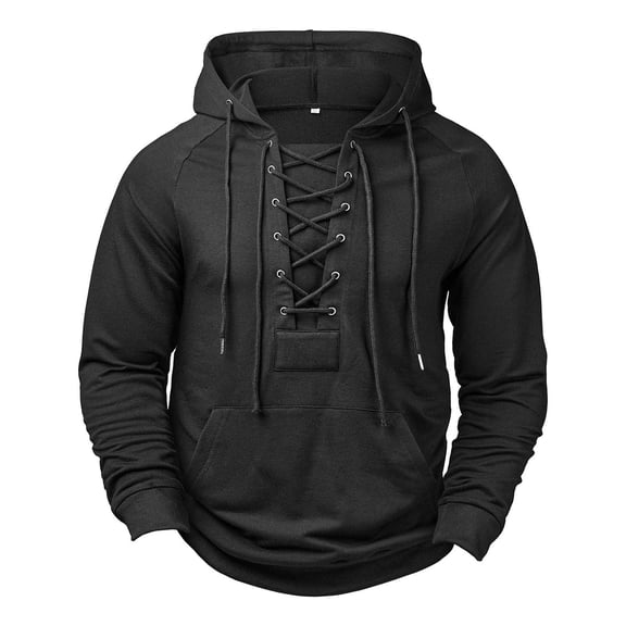 VSSSJ Hoodies for Men Cross Lace-Up Drawstring Hooded Pullover Sweatshirt Casual Long Sleeve Vintage Outdoor Cargo Hoodies with Pocket Black XL