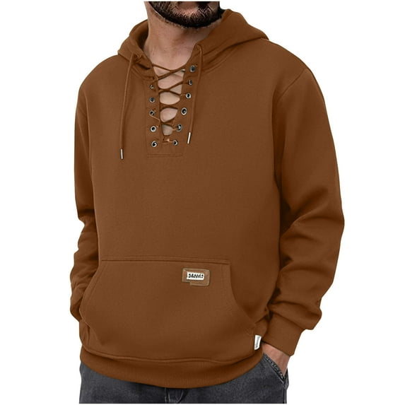 VSSSJ Hoodies for Men Lace Up V Neck Thick Henley Sweatshirt Long Sleeve Loose Solid Vintage Drawstring Hooded Pullover Hoodie with Pocket Coffee XL