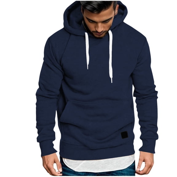 VSSSJ Hoodies for Men Regular Fit Solid Long Sleeve Drawstring Hooded Sweatshirt Trendy Casual Fall Winter Pullover Hoodies with Pockets Navy S