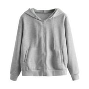 VSSSJ Hoodies for Women Casual Solid Color Full Zip Up Sweatshirts Crewneck Long Sleeve Hooded Drawstring Loose Tops with Pockets Gray S