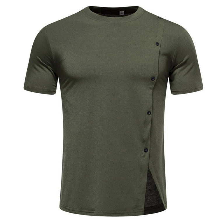 VSSSJ Irregular Hem T-shirt for Men Big and Tall Solid Color Short Sleeve  Casual Button Round Neck Tee Soft Lightweight Stylish Shirt Army Green L