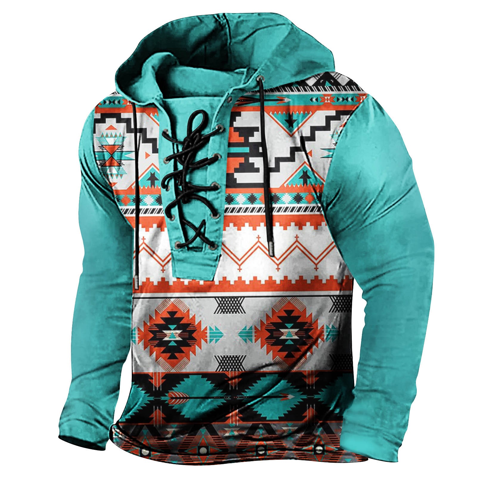 VSSSJ Long Sleeve Hoodie for Men LaceUp Outdoor Vintage Distressed Western Cowboy Ethnic