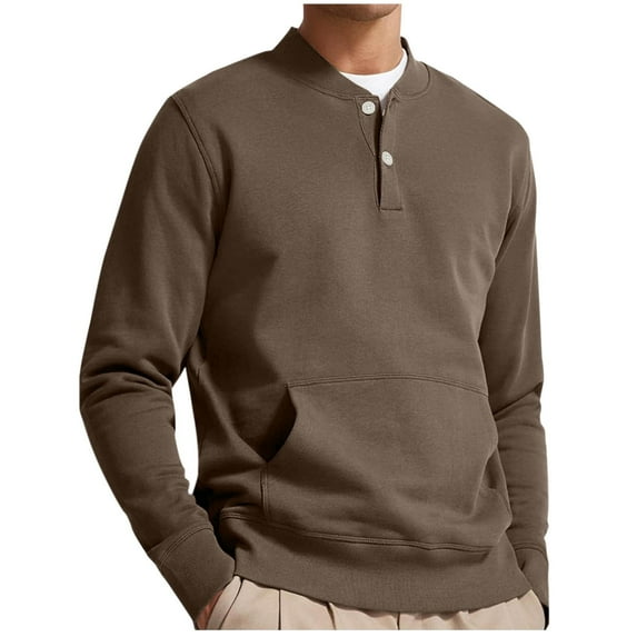 VSSSJ Long Sleeve Sweatshirt for Men Button Crewneck Casual Henley Shirts Relaxed Fit Solid Color Basic Classic Sweatshirts with Pocket Coffee XL