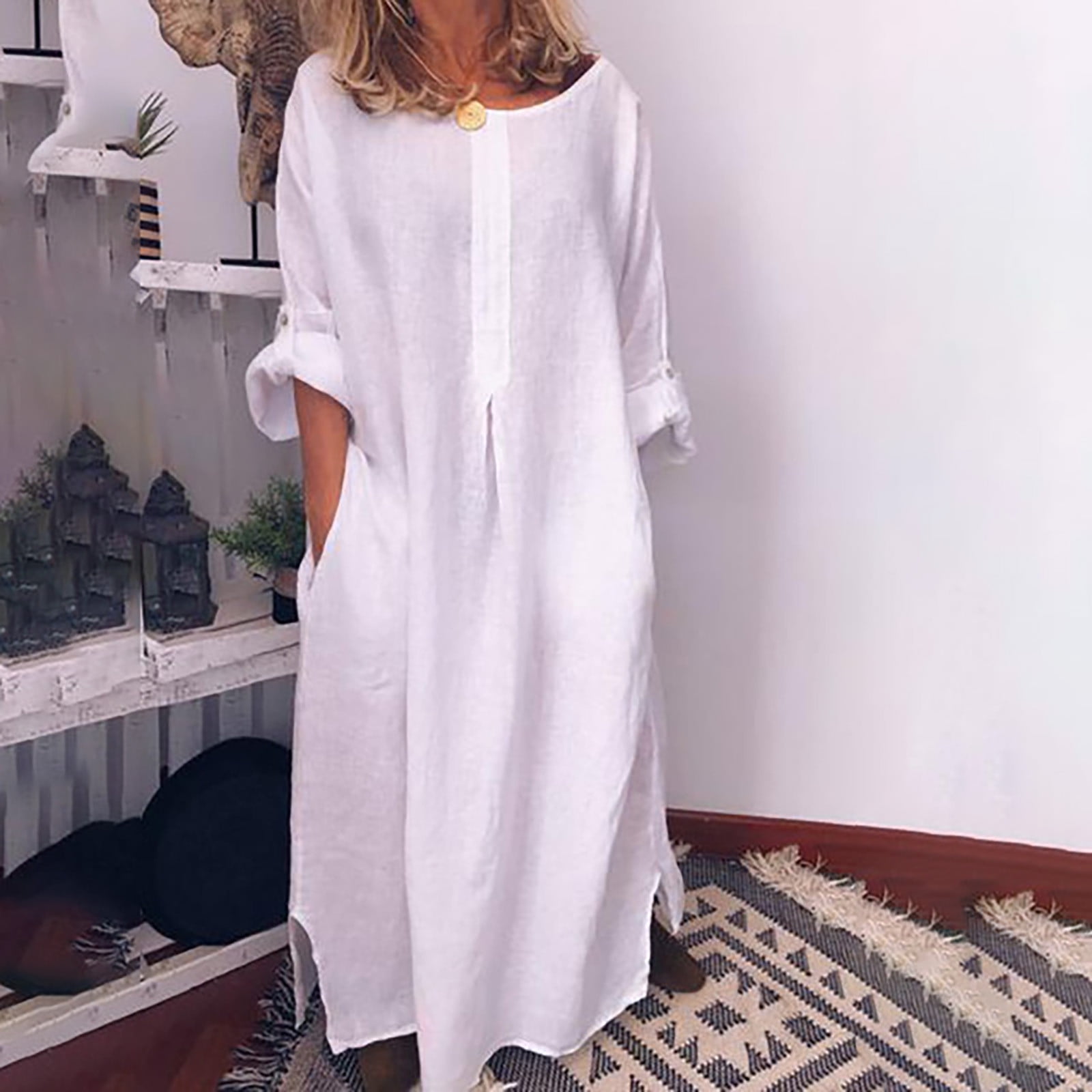 chinese dress ladies Women Simple Winkled Linen and Cotton Long Sleeve Loose Dress Green main image 0