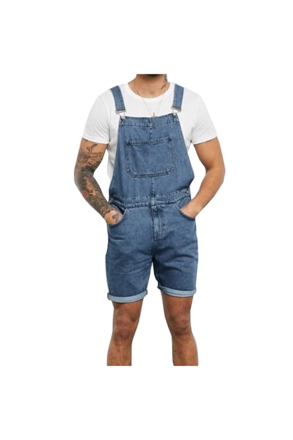 Men Casual Denim Overalls Regular Fit Solid Color Casual Bib Adjustable Strap Jumpsuits Summer Daily Durable Sport Short Romper Jeans Light blue L
