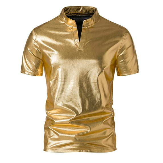 VSSSJ Men Casual Shirts Slim Fit Solid Color Liquid Shiny Short Sleeve V-Neck Stand Up Collar T-Shirts Fashion Nightclub Party Tee Shirts Gold M