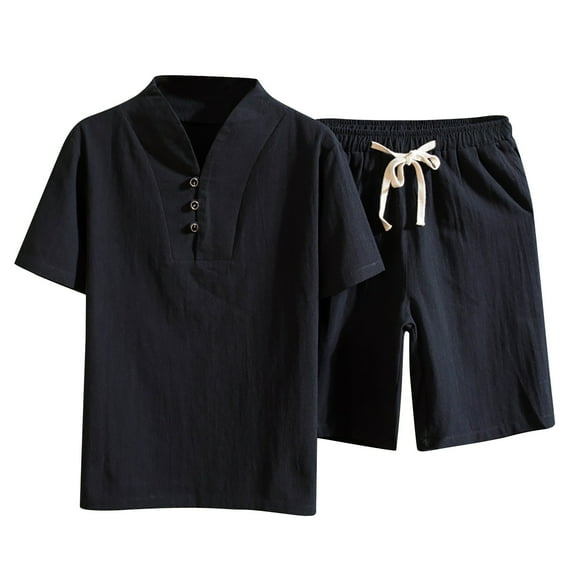 VSSSJ Men Cotton and Linen Sets Plus Size Solid Color V-Neck Button Short Sleeve Tee Shirts and Drawstring Short Pants Casual Summer Beach Two Piece Black XL
