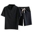 thumbnail image 1 of VSSSJ Men Cotton and Linen Sets Plus Size Solid Color V-Neck Button Short Sleeve Tee Shirts and Drawstring Short Pants Casual Summer Beach Two Piece Black XXXXL, 1 of 5