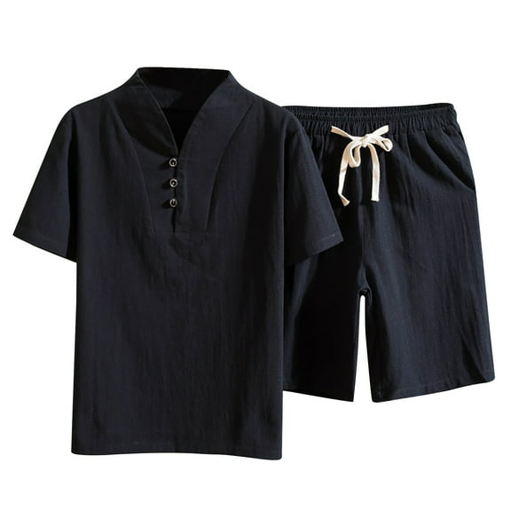 VSSSJ Men Cotton and Linen Sets Plus Size Solid Color V-Neck Button Short Sleeve Tee Shirts and Drawstring Short Pants Casual Summer Beach Two Piece Black XXXXXL