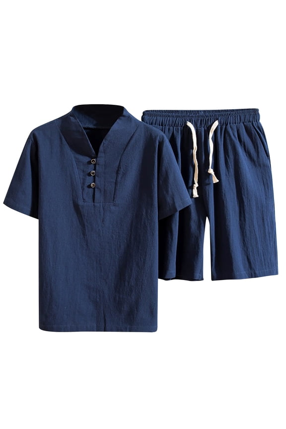 Men Cotton and Linen Sets Plus Size Solid Color V-Neck Button Short Sleeve Tee Shirts and Drawstring Short Pants Casual Summer Beach Two Piece Navy XXL