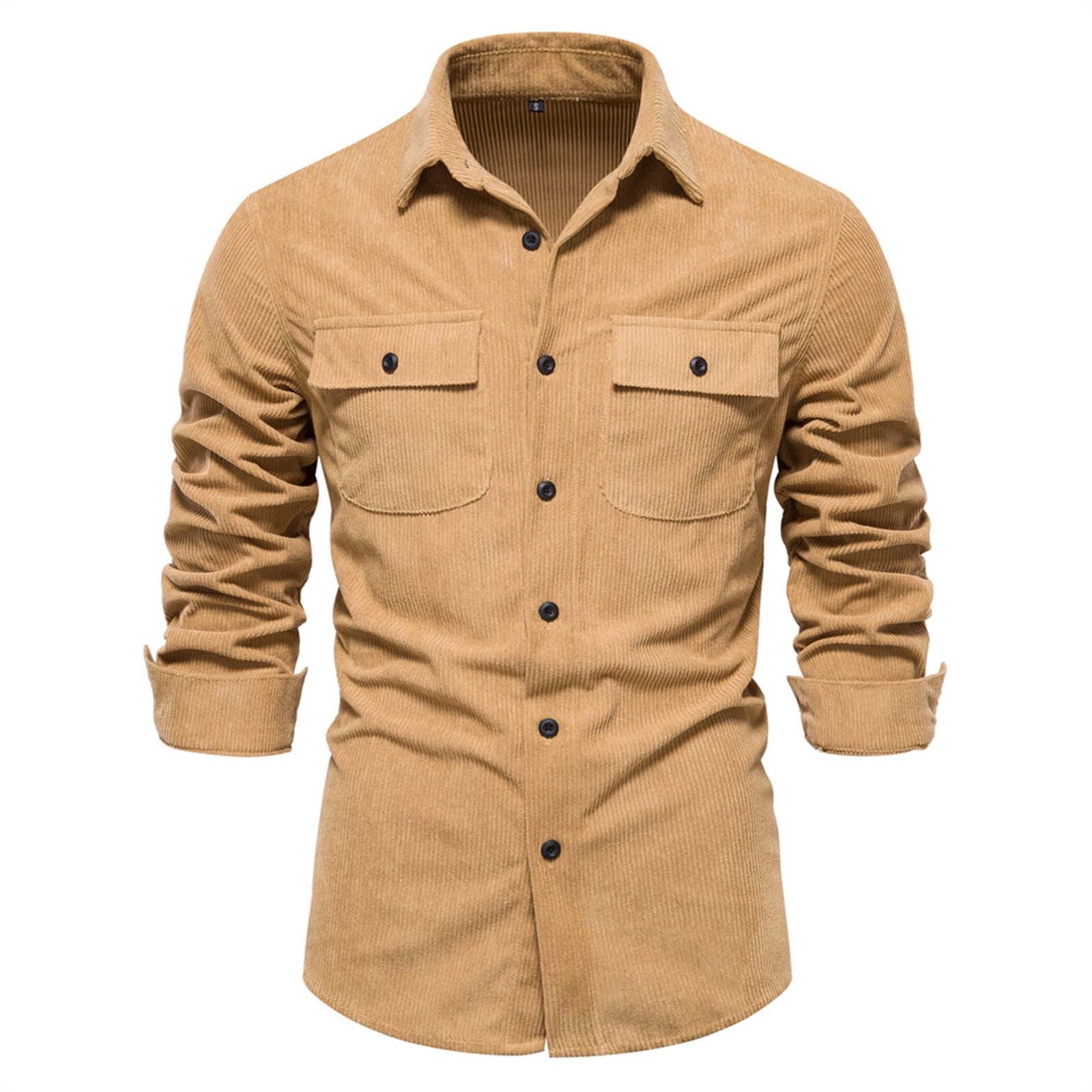 VSSSJ Men Long Sleeve Ribbed Corduroy Shirts Button Down Lapel Collar Shirt Slim Fit Stretch Solid Color Pocket Casual Fall Tops Shirts Khaki XXL