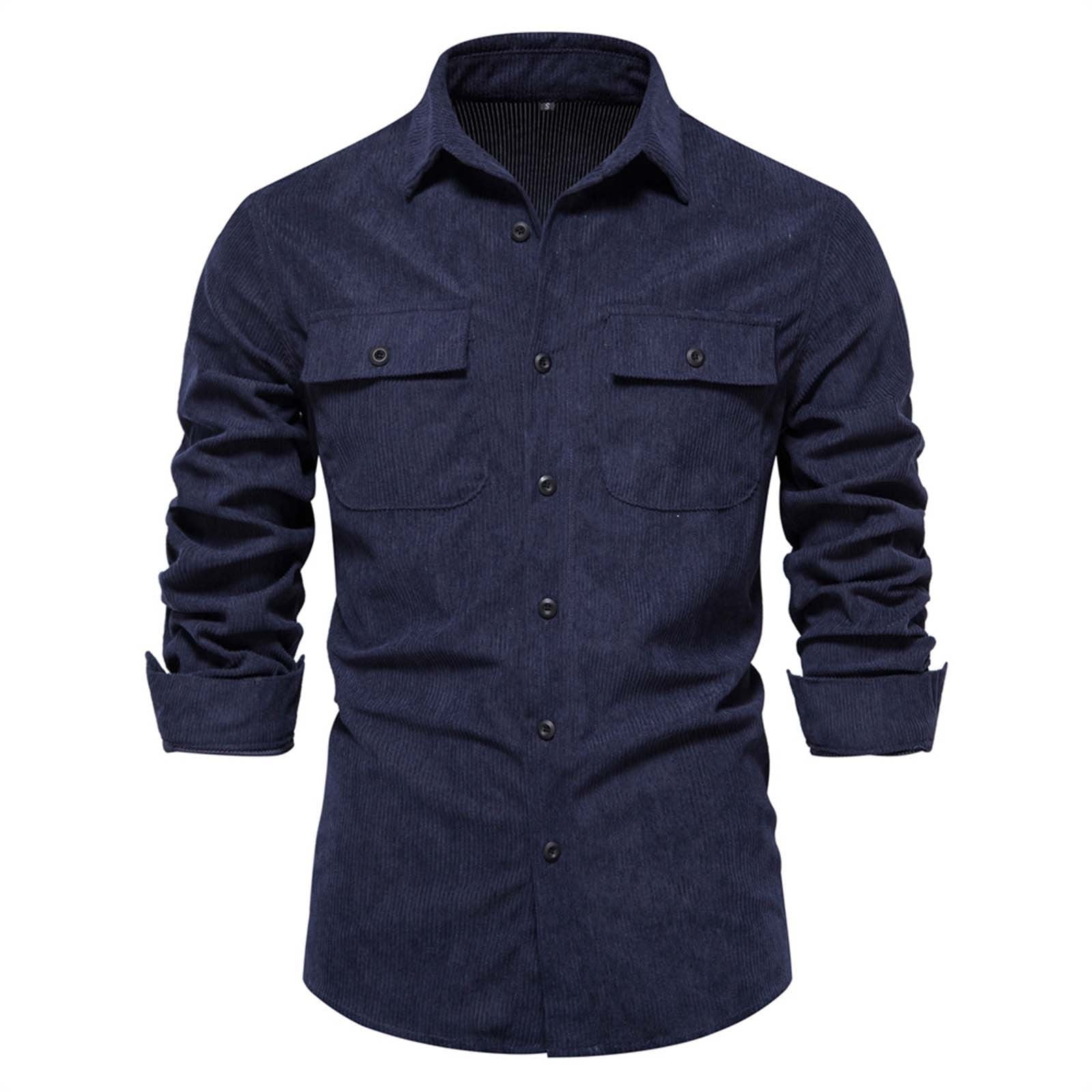 VSSSJ Men Long Sleeve Ribbed Corduroy Shirts Button Down Lapel Collar Shirt Slim Fit Stretch Solid Color Pocket Casual Fall Tops Shirts Navy L