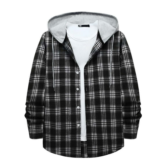 VSSSJ Men Plaid Tweed Drawstring Hoodies Big and Tall Fashion Button Down Long Sleeve Casual Coats Comfortable Fall Winter Trendy Jacket Black M