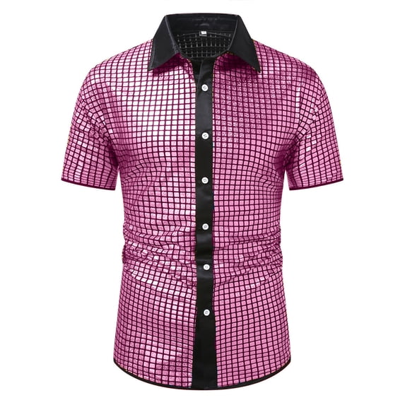 VSSSJ Men's 70s Costume Sequins Disco Party Dress Shirt Shiny Short Sleeve Button Down Turndown Collar Nightclub Shirts Purple L