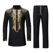 VSSSJ Mens African Style Suits Loose Fit Ethnic Print Long Sleeve Button Stand Collar Shirts and Drawstring Elastic Waist Long Pants Casual Fashion Cozy Two Piece Set Black M
