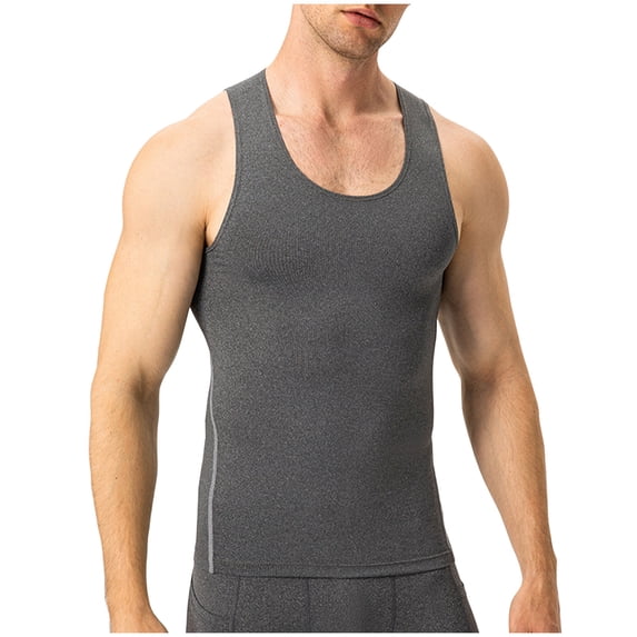 VSSSJ Men's Athletic Compression Sleeveless Tank Tops Breathable Stretch Crew Neck Gym Running Basketball Workout Base Layer T Shirt Gray M