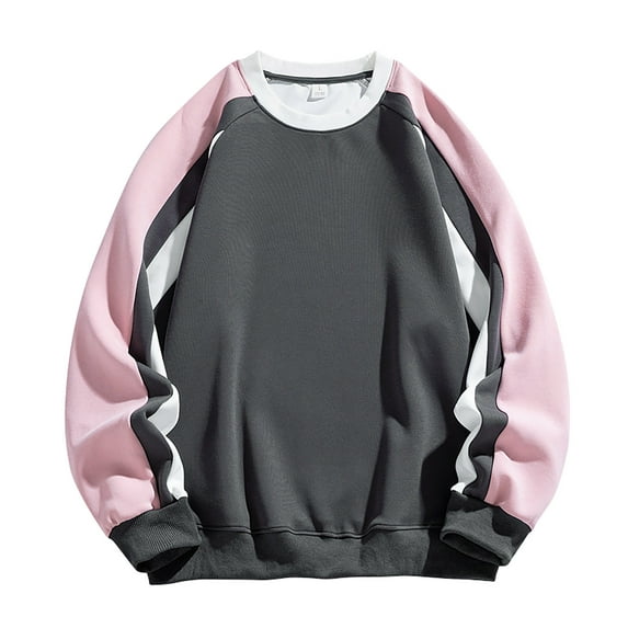 VSSSJ Men's Baggy Sweatshirt Patchwork Color Block Crew Neck Sweatshirts Drop Shoulder Long Sleeve Casual Oversized Pullover Streetwear Pink XL