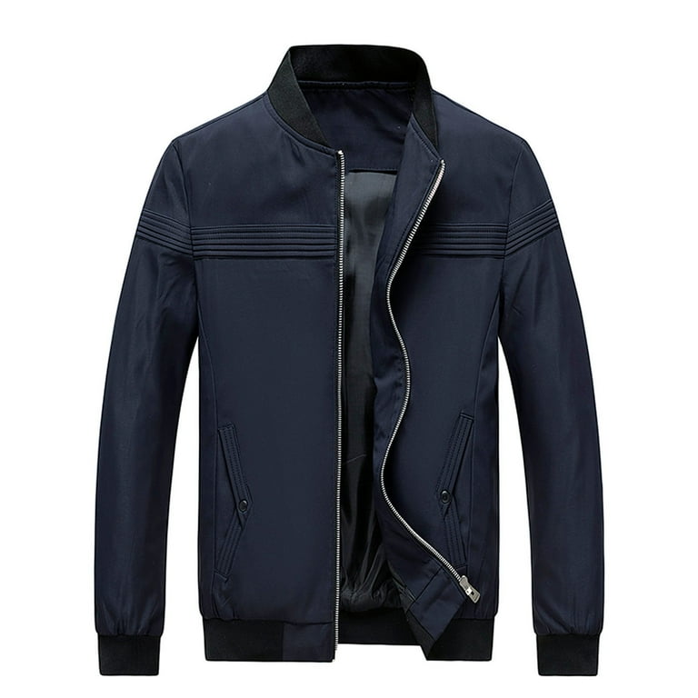 Vsssj Men s Baseball Coat Relaxed Fit Solid Color Long Sleeve Zip Up Stand Collar Hoodless Jacket Casual Autumn and Winter Lightweight Jackets Blue M