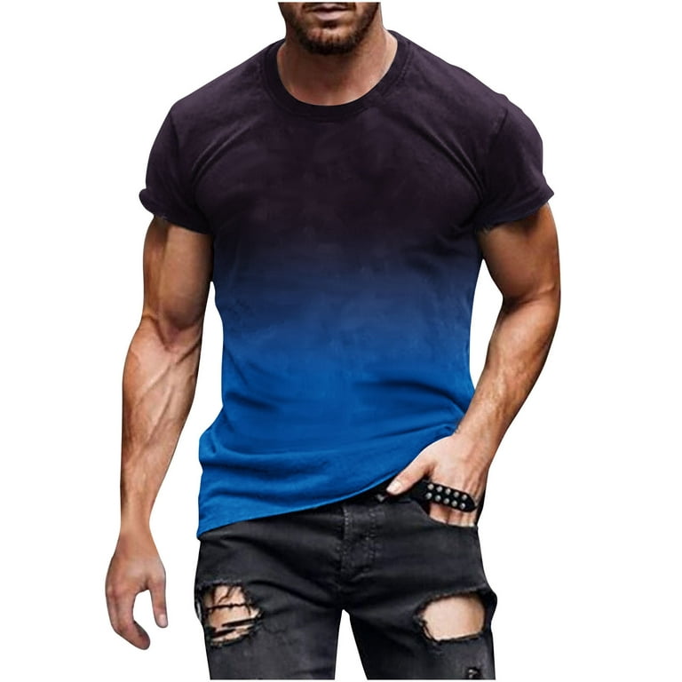 VSSSJ Men\'s Basic T-Shirts Big Round XL Shirt Blouses Jogging Street Short Top Tall Leisure Sleeve Dark Style Neck Color and Blue Gradient Sport