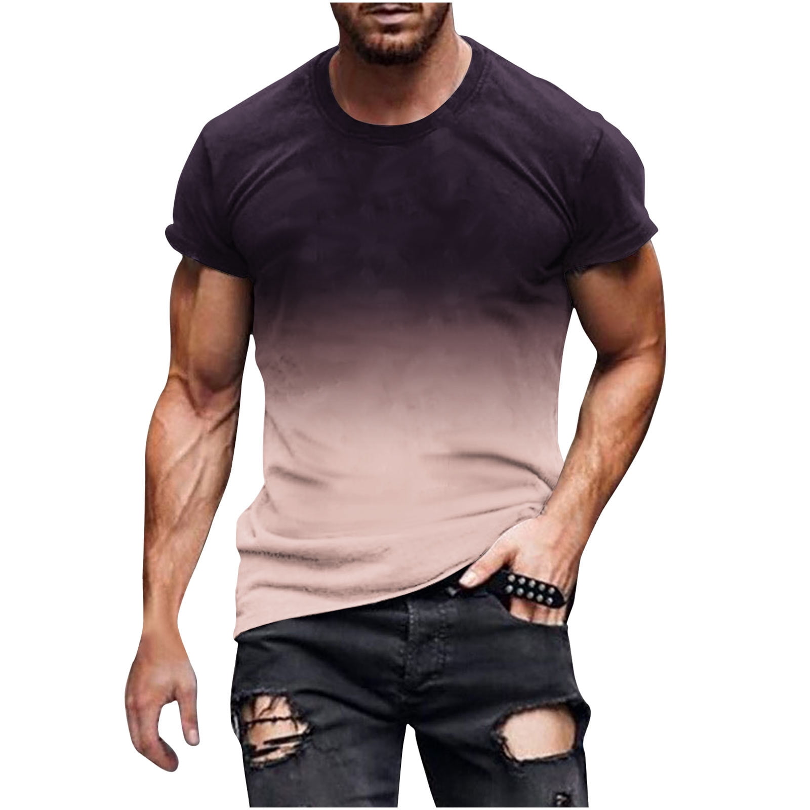 VSSSJ Men's Basic T-Shirts Big and Tall Gradient Color Short Sleeve Round  Neck Sport Shirt Leisure Street Style Jogging Top Blouses Dark Blue XL 