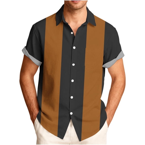 VSSSJ Men's Bowling Shirt Casual Short Sleeve Button Down Shirts Striped Color Block Vintage Summer Vacation Beach Collared Shirts Coffee L