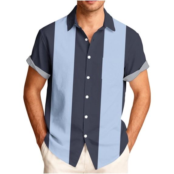 VSSSJ Men's Bowling Shirt Casual Short Sleeve Button Down Shirts Striped Color Block Vintage Summer Vacation Beach Collared Shirts Dark Blue XXXL
