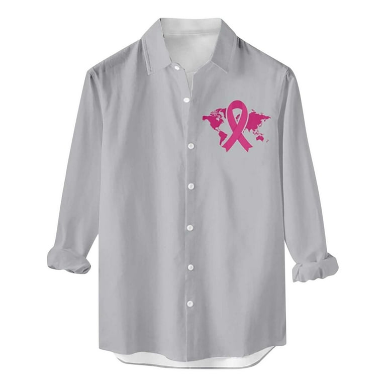 VSSSJ Men's Breast Cancer Awareness Shirts Relaxed Fit Pink Ribbon Print  Button Down Long Sleeve Collared T-Shirt Casual Fashion Cozy Top Blouse  Gray XL 