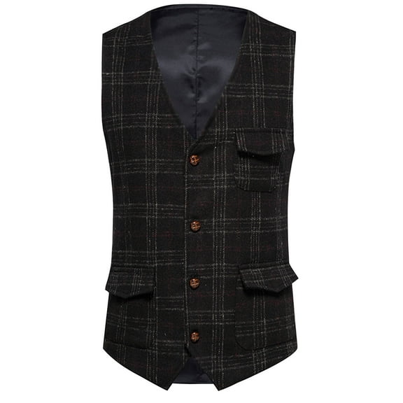 VSSSJ Men's British Style Vest Plus Size Plaid Tweed Sleeveless V-Neck Single Breasted Jackets with Pockets Fashion Comfortable Evening Dress Jacket Black XL