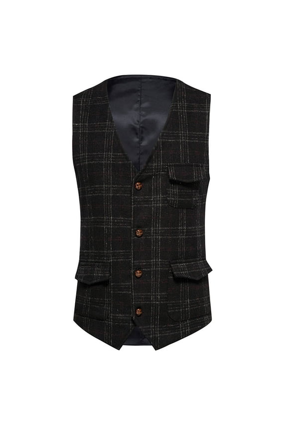 Men's British Style Vest Plus Size Plaid Tweed Sleeveless V-Neck Single Breasted Jackets with Pockets Fashion Comfortable Evening Dress Jacket Black XL