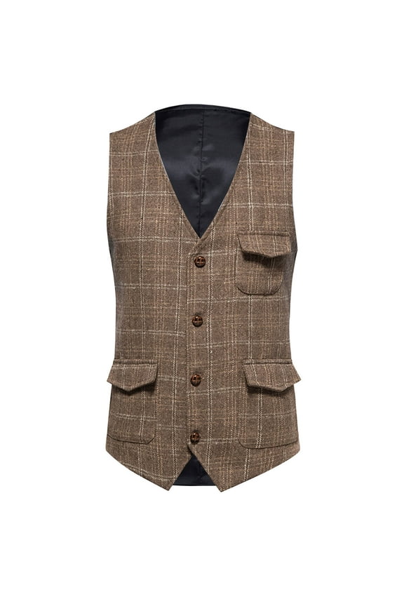 Men's British Style Vest Plus Size Plaid Tweed Sleeveless V-Neck Single Breasted Jackets with Pockets Fashion Comfortable Evening Dress Jacket Khaki XXL
