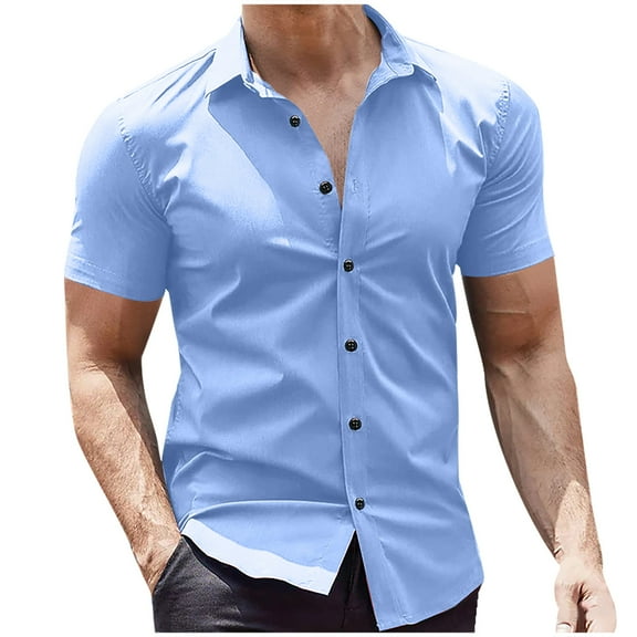 VSSSJ Men's Button Down Shirt Regular Fit Short Sleeve Lapel Collar Casual Shirt Summer Comfy Lightweight Business Dress Shirt Light Blue XXL