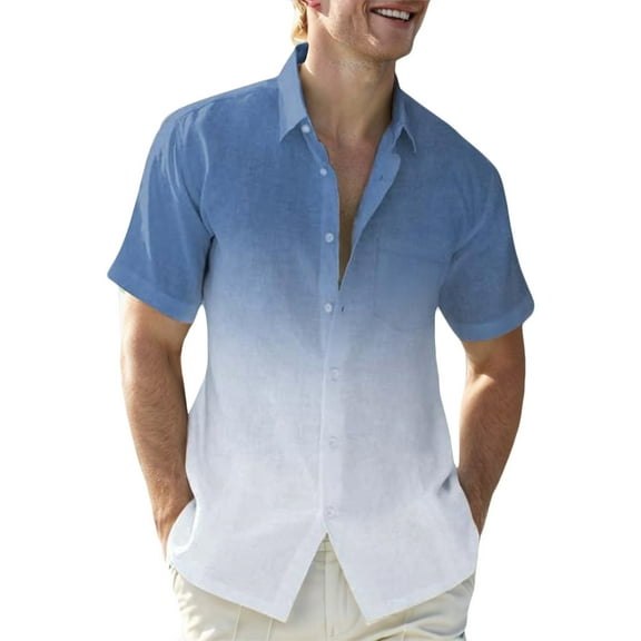 VSSSJ Men's Button Down Shirts Casual Gradient Print Short Sleeve Shirt Loose Fit Comfortable Fashion Vacation Beach Summer Shirts Blue XL