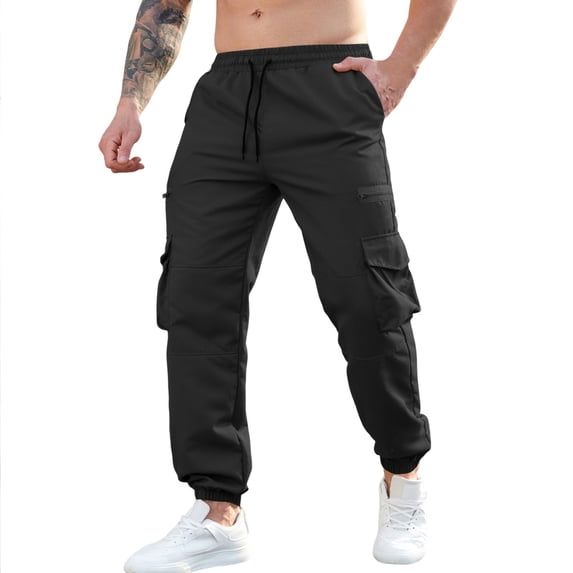 VSSSJ Men's Cargo Pants Drawstring Elastic Waist Loose Fit Tapered Leg Casual Outdoor Hiking Twill Work Pants With Multi-Pockets Black L