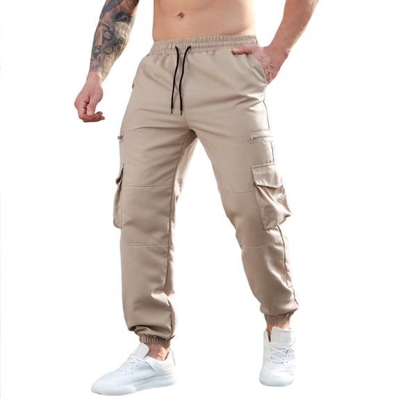 VSSSJ Men's Cargo Pants Drawstring Elastic Waist Loose Fit Tapered Leg Casual Outdoor Hiking Twill Work Pants With Multi-Pockets Khaki S