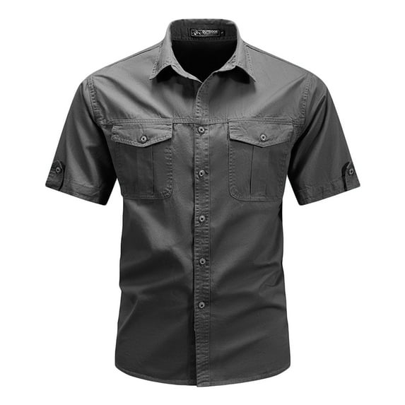 VSSSJ Men's Cargo Shirts Button Down Casual Short Sleeve Shirts Regular Fit Summer Cotton Lapel Collar Shirts with Pockets Gray XXXXXL