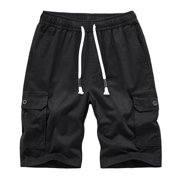 VSSSJ Men's Cargo Shorts Loose Fit Drawstring Elastic Waist Solid Color Short Pants with Multi-Pockets Leisure Breathable Quick Drying Shorts Black XL